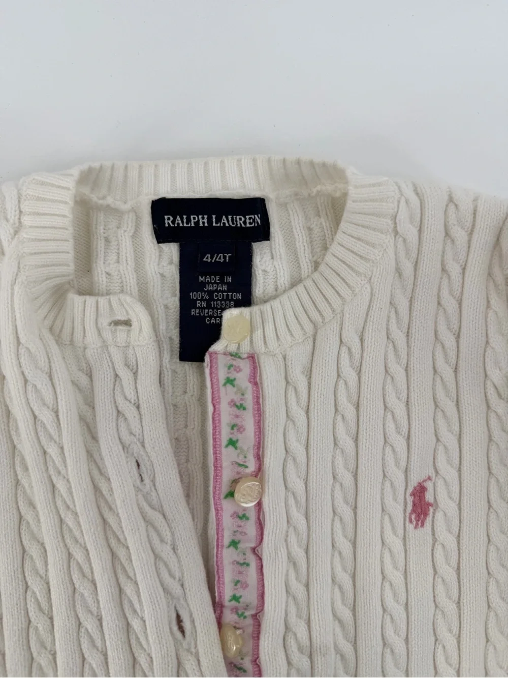Polo Ralph Lauren Girls White Cable Knit Cardigan Sweater Size 6X Pink Pony